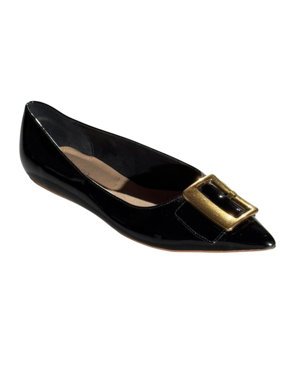 Franco Sarto Black Patent Pointed Toe Flats with Gold Buckle